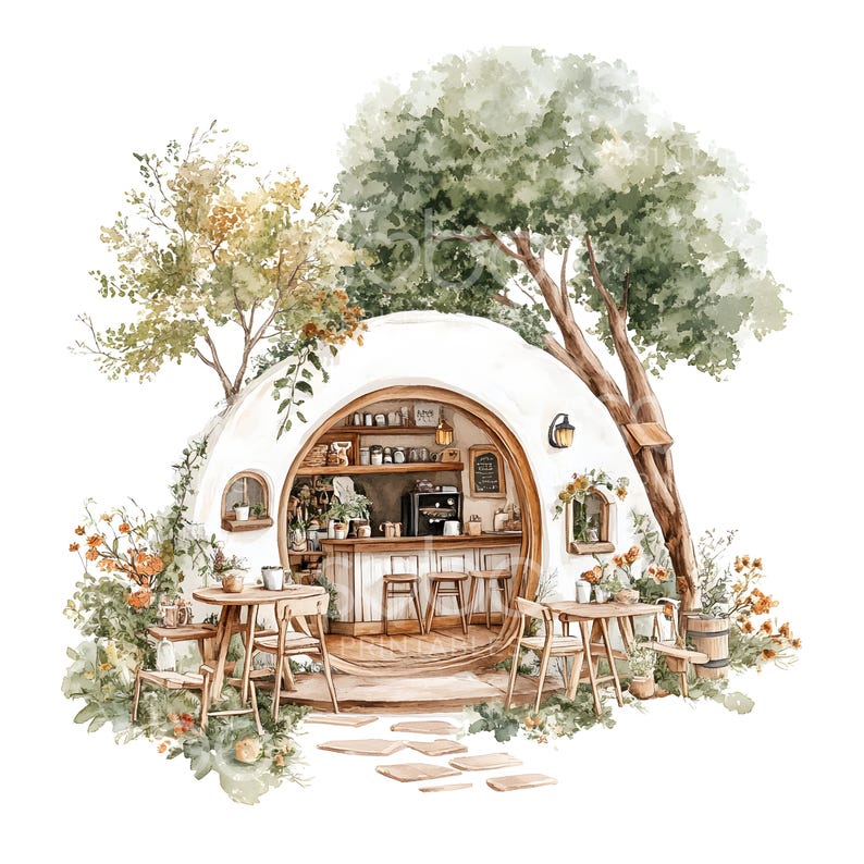 21 Watercolor Cottage Cafe Clipart, Boho Fairy Cute Cafe, Watercolor ...