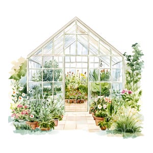 May include: A watercolor painting of a white greenhouse with a glass roof and windows. The greenhouse is surrounded by a variety of green plants and flowers in pots.