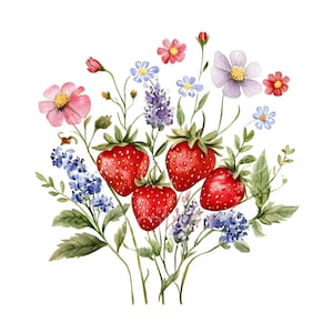 33 clipart de flores silvestres de morango, morangos silvestres frescos, aquarela para impressão, JPGs de alta qualidade, download digital, artesanato em papel S900