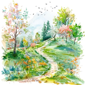 K&ouml;nnte beinhalten: Ein Aquarellgem&auml;lde eines gewundenen Weges durch einen &uuml;ppigen gr&uuml;nen Wald. Der Weg ist ges&auml;umt von B&auml;umen und Blumen in Rosat&ouml;nen, Gelb und Gr&uuml;n. Der Hintergrund zeigt eine Bergkette und einen Schwarm V&ouml;gel, die &uuml;ber den K&ouml;pfen fliegen.