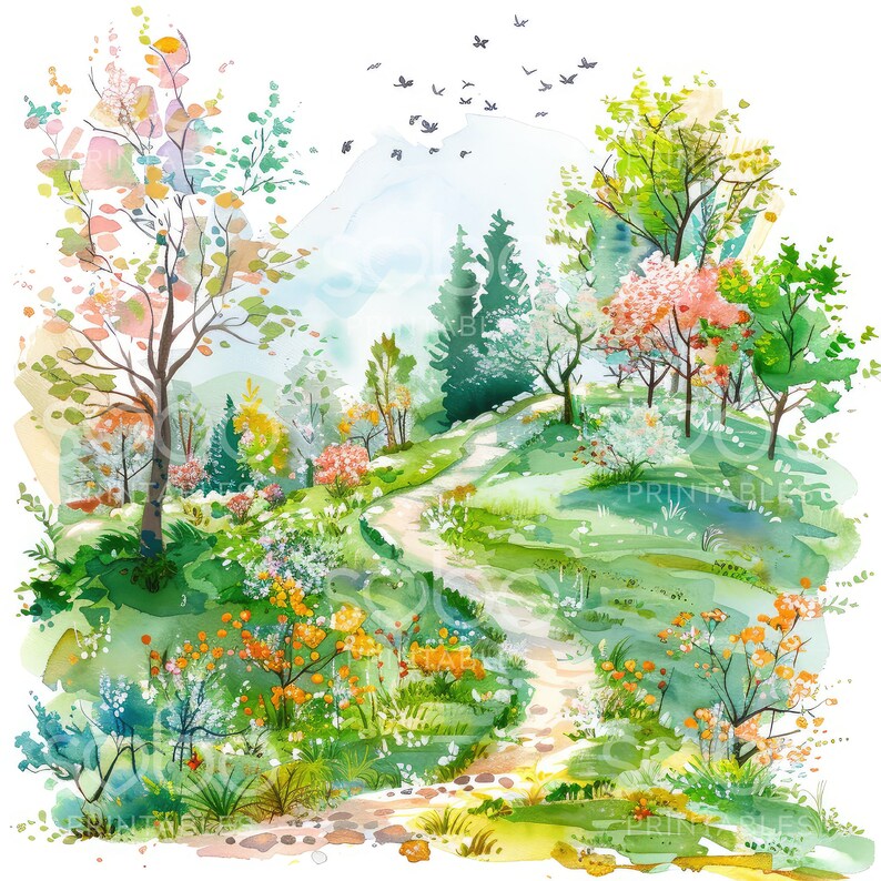 K&ouml;nnte beinhalten: Ein Aquarellgem&auml;lde eines gewundenen Weges durch einen &uuml;ppigen gr&uuml;nen Wald. Der Weg ist ges&auml;umt von B&auml;umen und Blumen in Rosat&ouml;nen, Gelb und Gr&uuml;n. Der Hintergrund zeigt eine Bergkette und einen Schwarm V&ouml;gel, die &uuml;ber den K&ouml;pfen fliegen.