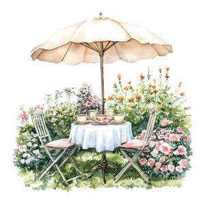 18 Clipart di Umbrella Tea Party, set da tè floreale, acquerello stampabile, JPG di alta qualità, download digitale, artigianato di carta, Junk Journal S729