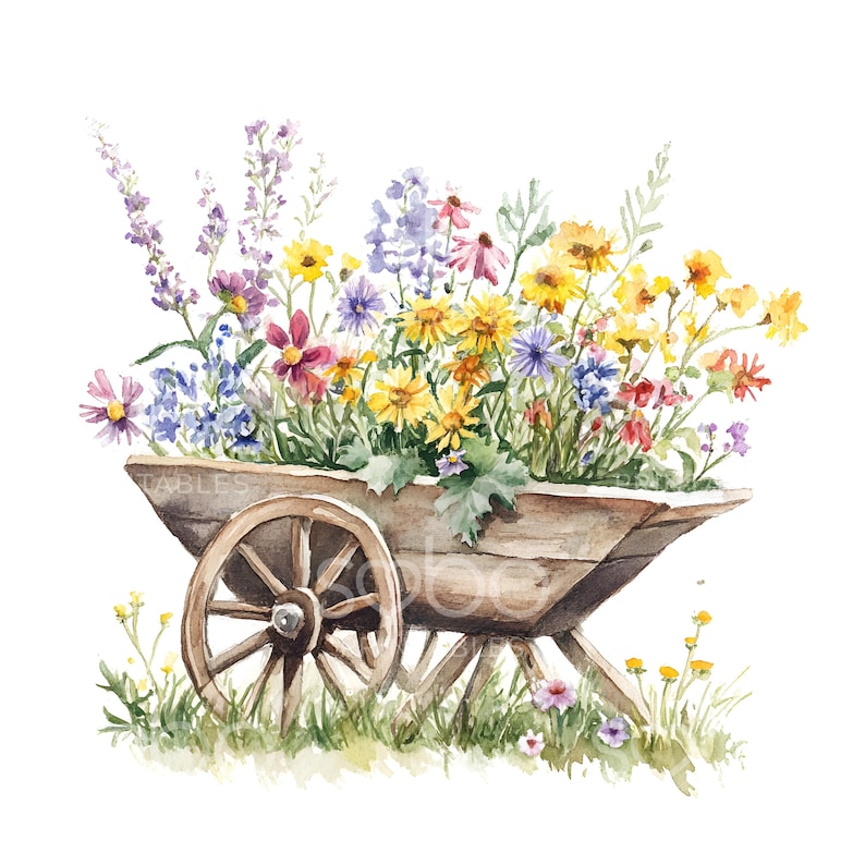 K&ouml;nnte beinhalten: Ein h&ouml;lzerner Schubkarren, der &uuml;berquillt mit einem bunten Strau&szlig; Wildblumen, darunter lila, gelbe, rosa und blaue Bl&uuml;ten. Der Schubkarren steht auf einem Bett aus gr&uuml;nem Gras.