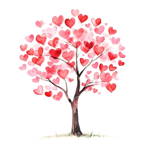 20 Valentine Day Heart Tree Clipart, Love Hearts Tree, Valentine Printable Watercolor, High Quality JPGs, Digital Download, Paper Craft S434