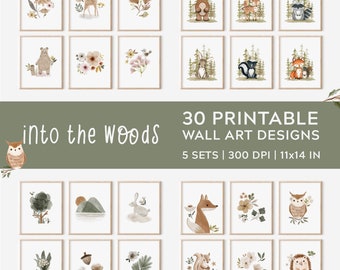 Puede incluir: Un conjunto de 30 diseños de arte de pared imprimibles con animales del bosque y escenas de la naturaleza. Los diseños están en un estilo de acuarela y presentan una variedad de colores, incluyendo marrón, verde y rosa. El texto "into the woods" se muestra en la parte superior de la imagen. Los diseños son de 11x14 pulgadas y 300 DPI.