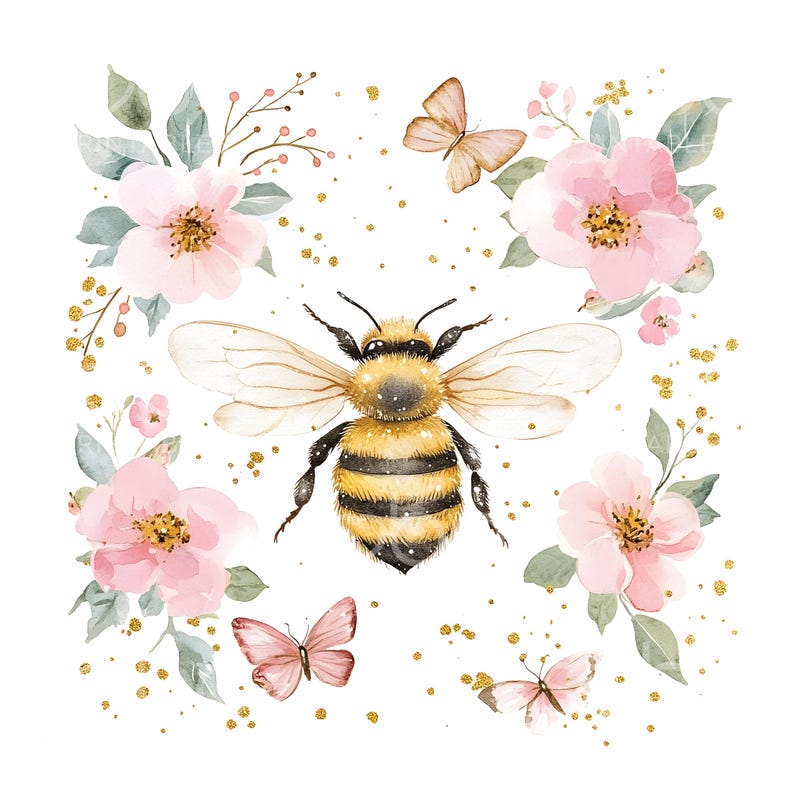 May include: Watercolor illustration featuring a central bee with yellow and black stripes, surrounded by pink flowers, butterflies, and green leaves. Gold glitter accents add sparkle to the design, set against a white background.