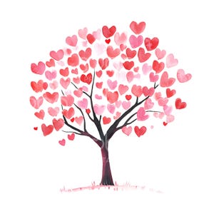 May include: A watercolor painting of a tree with pink and red heart-shaped leaves. The tree is on a white background.