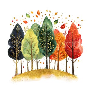 May include: Watercolor illustration of a forest of trees in autumn colors. The trees are various shades of green, orange, and red, with gold accents. The trees are on a small hill with gold glitter.