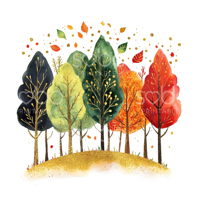 May include: Watercolor illustration of a forest of trees in autumn colors. The trees are various shades of green, orange, and red, with gold accents. The trees are on a small hill with gold glitter.