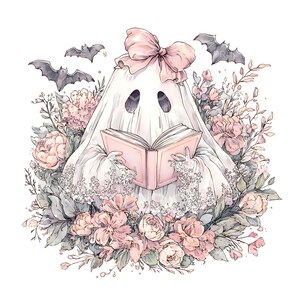 May include: A whimsical illustration of a ghost reading a pink book, surrounded by pink and white flowers and gray bats. The ghost wears a large pink bow and a white sheet with lace detailing. A charming, floral-themed design.