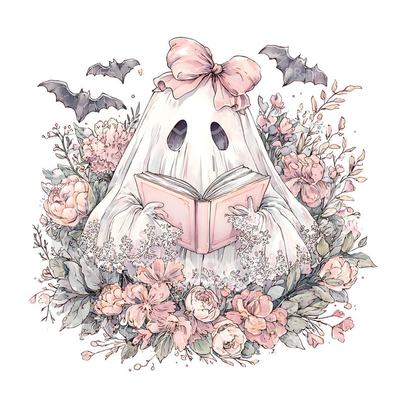 May include: A whimsical illustration of a ghost reading a pink book, surrounded by pink and white flowers and gray bats. The ghost wears a large pink bow and a white sheet with lace detailing. A charming, floral-themed design.
