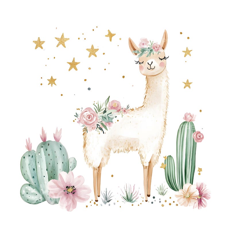 May include: A white llama with a pink flower crown stands in a desert landscape. The llama is surrounded by green cacti and pink flowers. Gold stars are scattered in the background.