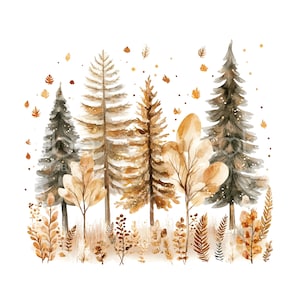 Puede incluir: Una ilustración en acuarela de una escena forestal con árboles de hoja perenne y árboles caducifolios en tonos marrón, bronceado y gris apagado. Hojas de color marrón dorado y pequeños puntos flotan sobre una base de hierbas y helechos secos.