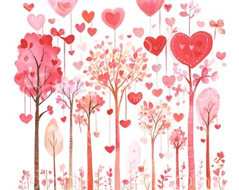 28 Valentine Trees Forest Clipart, Valentine Day Heart Trees, Love Hearts Trees, Valentine Watercolor, Digital Download, Paper Craft U156