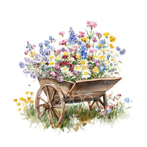 K&ouml;nnte beinhalten: Ein Holzkarren gef&uuml;llt mit einer Vielzahl von bunten Wildblumen, darunter lila, blaue, gelbe, rosa und wei&szlig;e Bl&uuml;ten. Der Karren steht auf einem Bett aus gr&uuml;nem Gras.