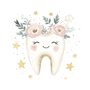 20 Clipart de dent floral bohème, chambre d'enfants mignons, fée des dents, feuille d'or, JPG de haute qualité, téléchargement numérique, créations en papier, journal indésirable S731