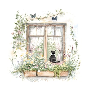 29 Clipart di animali domestici con finestra primaverile, Clipart di primavera, Regalo per amanti dei gatti, Acquerello stampabile, JPG di alta qualità, Download digitale, Carta artigianale S989