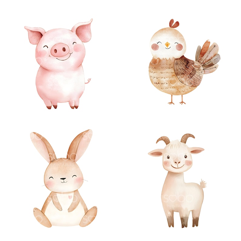 May include: Watercolor illustrations of farm animals including a pink pig, a brown and tan chicken, a tan bunny, and a white goat. Each animal has a smiling face and is set against a white background. The artwork has a soft, whimsical style.