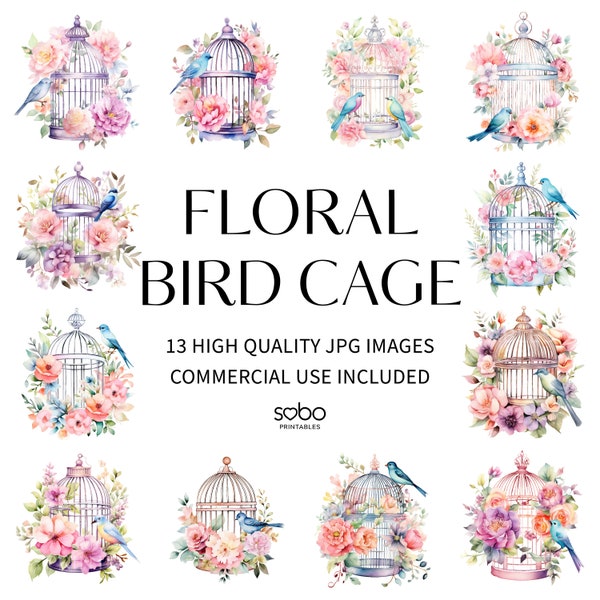 Floral Bird Cage Clipart - 13 High Quality JPGs, Printable Watercolor Clipart, Digital Download, Paper Craft, Junk Journals, Wall Art S49