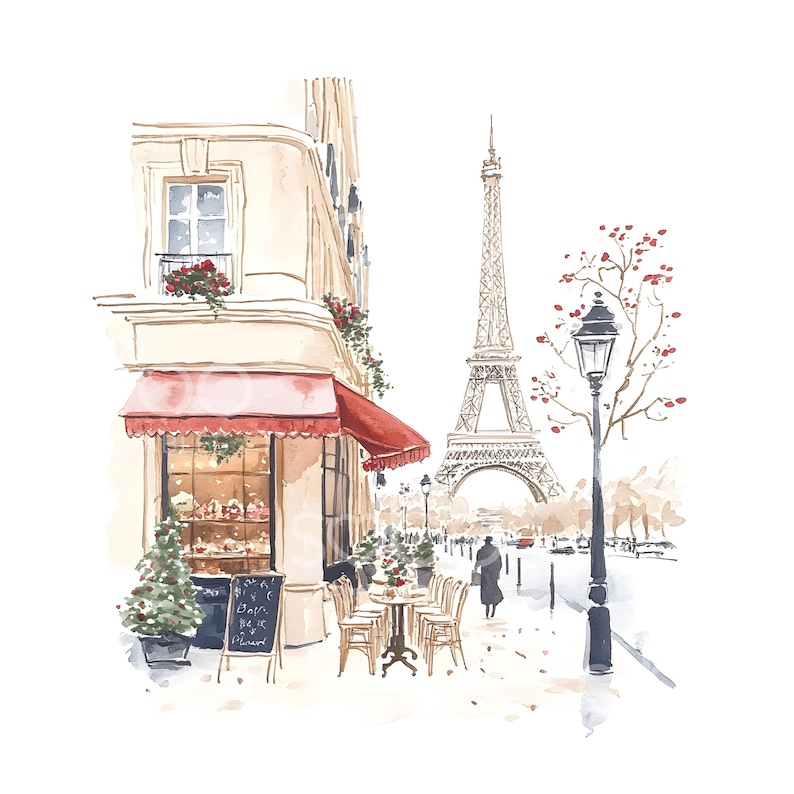 May include: A watercolor painting of a Parisian cafe with a red awning and a view of the Eiffel Tower in the background. The cafe has tables and chairs set up outside, and there is a person walking by. The painting is done in a soft, romantic style.
