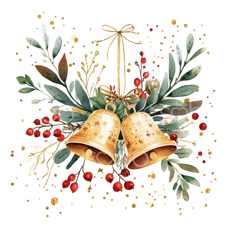 16 Christmas Bell Clipart, Gold Foil Bells, Watercolour Christmas Card ...