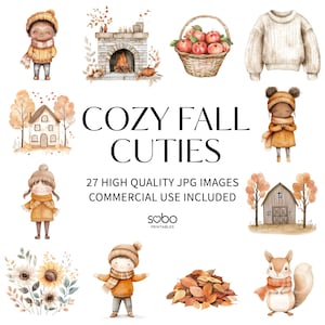 27 Cozy Fall Cuties Clipart, Watercolour Autumn Clipart, High Quality JPGs, Cottagecore Fall Illustrations, Rustic Autumn Graphics S273