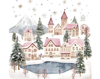 22 Xmas Lake Village Clipart, Winter Christmas Village, Christmas Card Art, High Quality JPGs, Digital Planner Download, Paper Craft U124