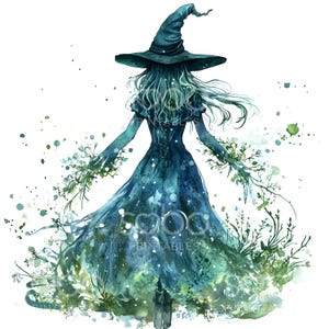 May include: A watercolour painting of a witch with long blue hair wearing a blue pointed hat and a blue dress. The witch is surrounded by green foliage and blue and green watercolour splatters.