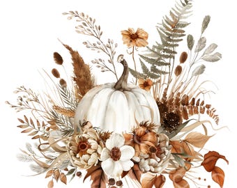16 Boho Pumpkin Flowers Bouquet Clipart, Pumpkin Wall Art, Minimalistic, High Quality JPGs, Digital Download, Paper Craft, Junk Journal S169