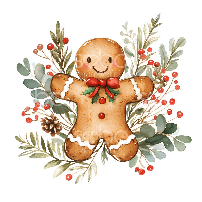 May include: A watercolour illustration of a gingerbread man with a red bow and green holly leaves, surrounded by green eucalyptus leaves and red berries.