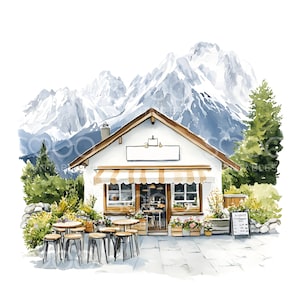 Café dans les montagnes des 27 cliparts, clipart montagne, aquarelle imprimable, JPG de haute qualité, téléchargement numérique, créations en papier, journal indésirable S747