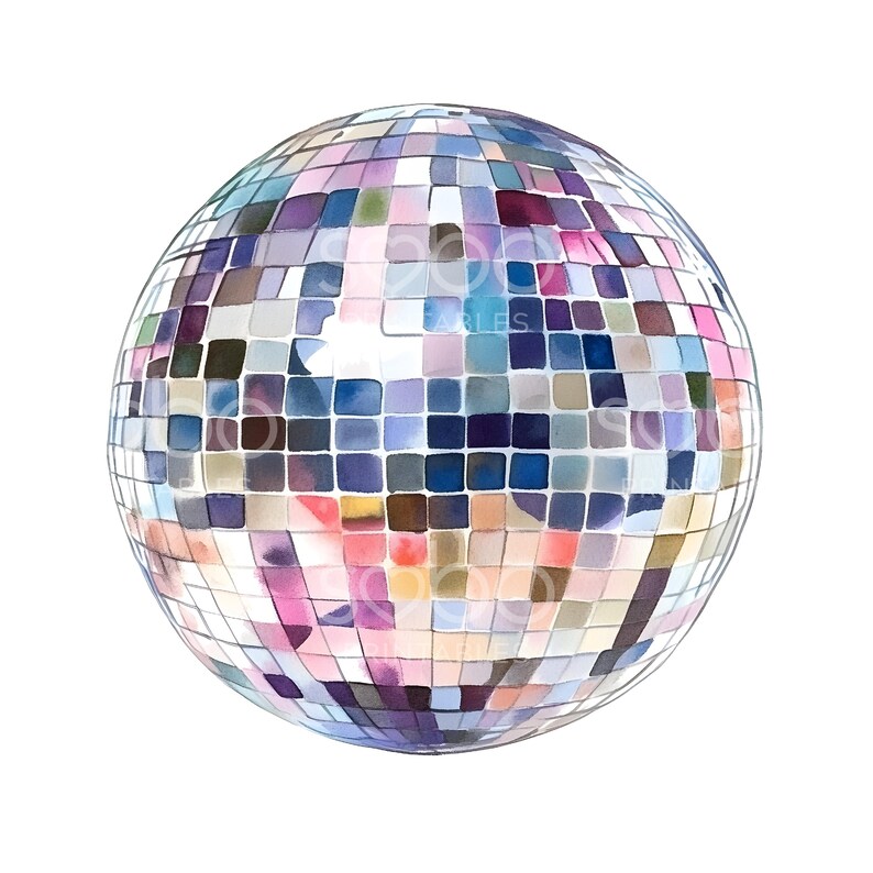 May include: A silver disco ball with a mirrored surface. The ball is made up of many small squares that are arranged in a pattern. The squares are painted in shades of blue, pink, and purple.