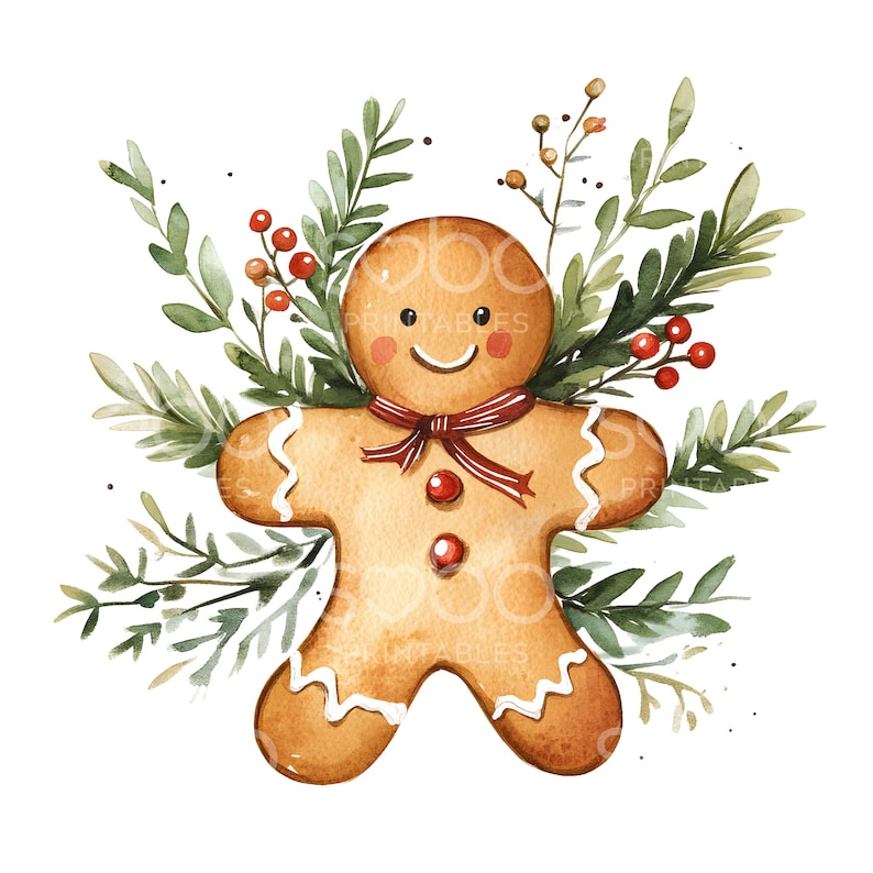May include: A watercolour illustration of a gingerbread man with a red bow tie surrounded by green leaves and red berries.