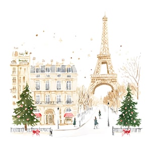 May include: A watercolor painting of a Parisian street scene with the Eiffel Tower in the background. There are two Christmas trees decorated with red ornaments, and people walking down the street. The buildings are painted in shades of beige and brown.