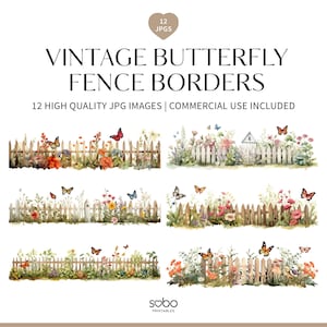 12 Schmetterling Blumenzaun Bordüre, Cottagecore Bordüre, Blumenrahmen, Schmetterling Clipart, Hochzeit, Frühling Schmetterling Wiese Blumenbordüre S71