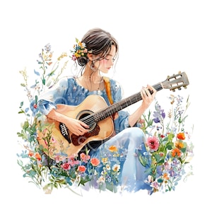 27 Imágenes prediseñadas de guitarra de niña, guitarra floral, guitarra, acuarela imprimible, archivos JPG de alta calidad, descarga digital, manualidades de papel, diario basura S826