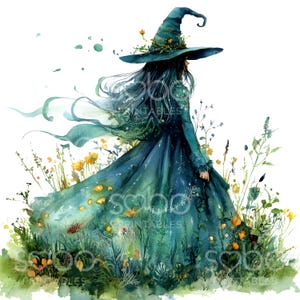 May include: A watercolour painting of a witch wearing a teal blue dress and a pointed black hat with a green floral trim. She is standing in a field of green grass and yellow flowers.