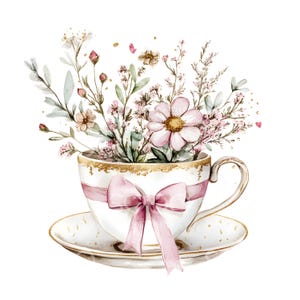 24 bloemen theekop clipart, wilde bloemen theekop, afdrukbare aquarel, hoge kwaliteit jpg's, digitale download, Paper Craft, junk Journal S485