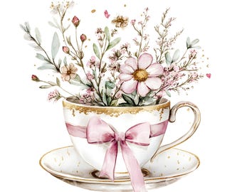 24 Floral Tea Cup Clipart, Wildflowers Tea Cup, Printable Watercolor, High Quality JPGs, Digital Download, Paper Craft, Junk Journal S485