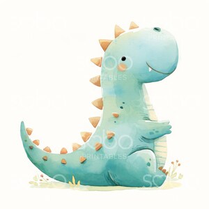 May include: A light blue watercolor dinosaur with orange spikes and a friendly smile. The dinosaur is sitting on a white background with green grass and flowers.