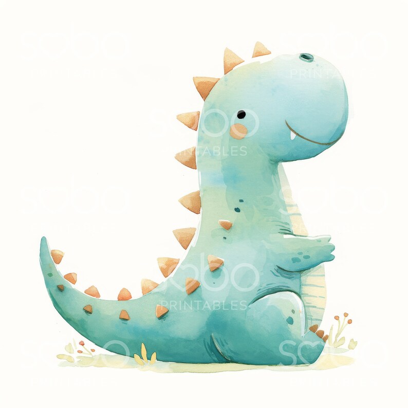 May include: A light blue watercolor dinosaur with orange spikes and a friendly smile. The dinosaur is sitting on a white background with green grass and flowers.