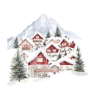 May include: A watercolour illustration depicts a snow-covered village with red-roofed houses set against a snowy mountain. Decorated evergreen trees add to the festive scene. The image creates a cosy, holiday atmosphere.