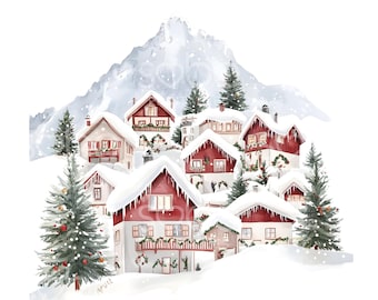25 Alpine Xmas Village Clipart, Ski Christmas Village, Christmas Card Art, High Quality JPGs, Digital Planner Download, Paper Craft U117