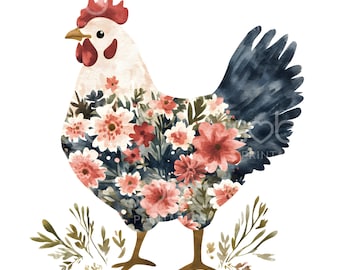 26 Watercolor Floral Chicken Clipart, Cottagecore Chicken, Watercolor Clipart, High Quality, Digital Download, Paper Craft Junk Journal S526
