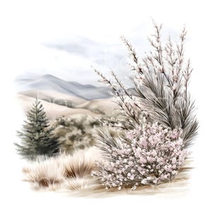 May include: Watercolor painting of a serene landscape featuring rolling hills and a cloudy sky. A dark green pine tree stands on the left, with tall, dry grass in the foreground. White and pink flowering bushes add detail to the scene.