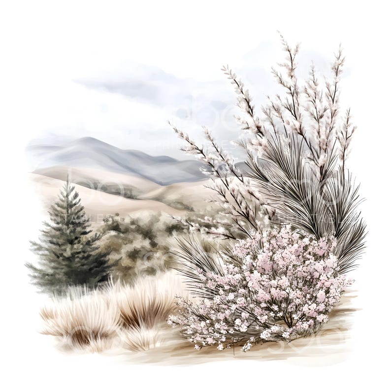 May include: Watercolor painting of a serene landscape featuring rolling hills and a cloudy sky. A dark green pine tree stands on the left, with tall, dry grass in the foreground. White and pink flowering bushes add detail to the scene.