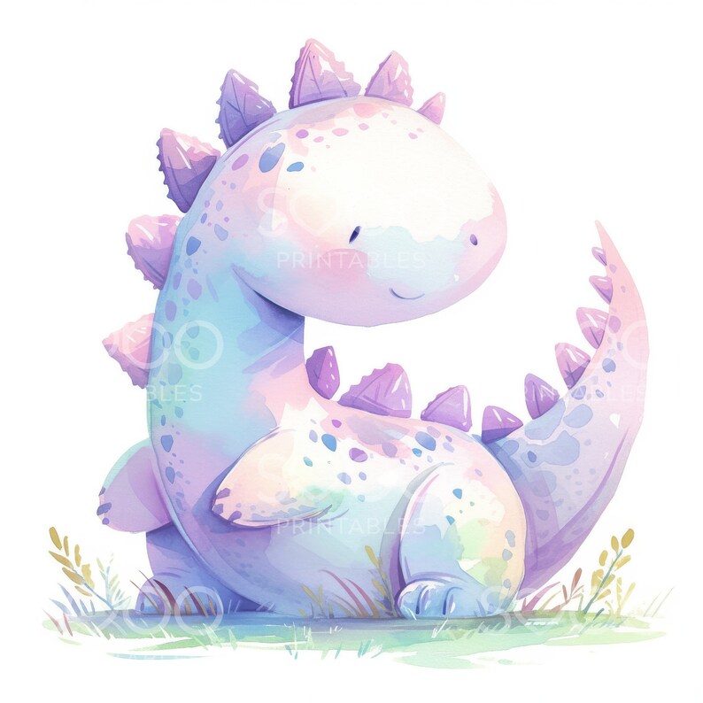 May include: A watercolor illustration of a cute, purple and blue dinosaur with a white belly and a pink and purple spiky back. The dinosaur is sitting on a green patch of grass.