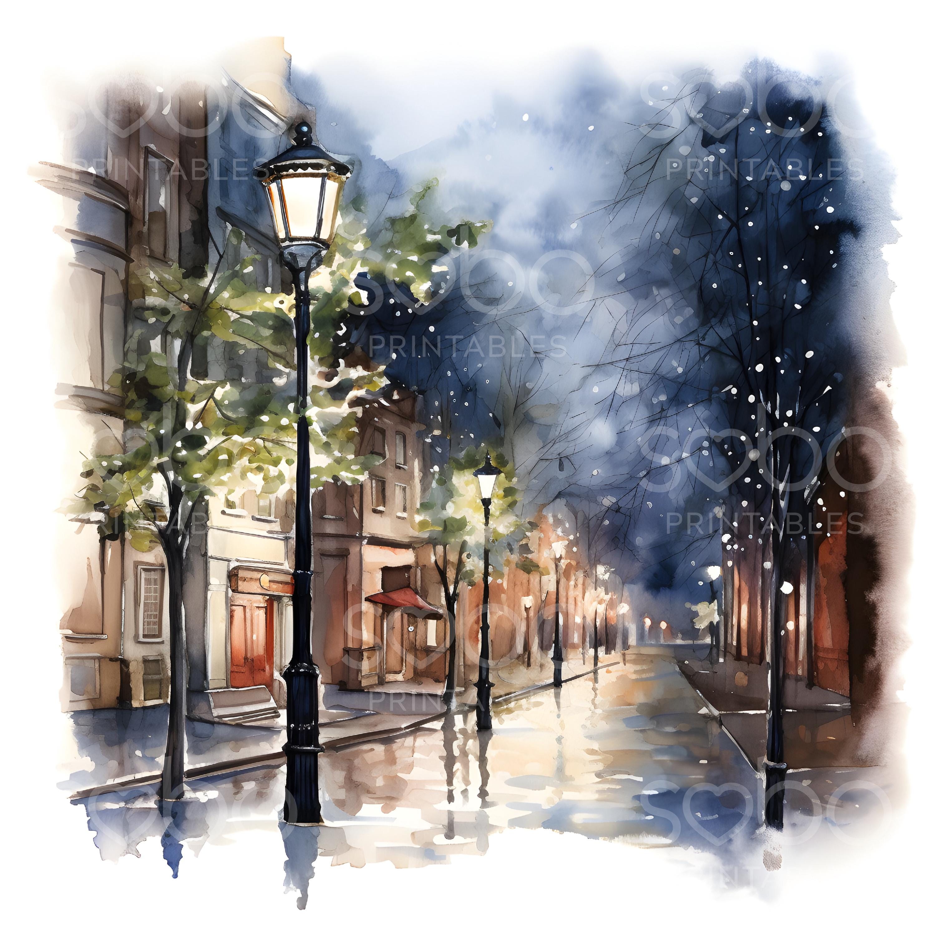 24 雨の街のクリップアート、街灯のクリップアート、印刷可能な水彩画