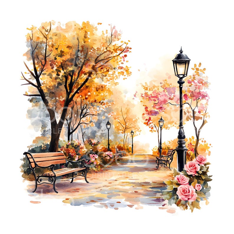 28 Autumn Fall Bench Clipart, Autumn Garden, Printable Watercolor ...