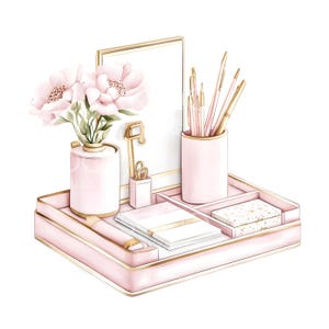 May include: A pink desk organizer with gold trim, holding a vase of pink flowers, pens, and a notepad. The organizer also features a small mirror and a pen holder. The overall aesthetic is feminine and elegant.